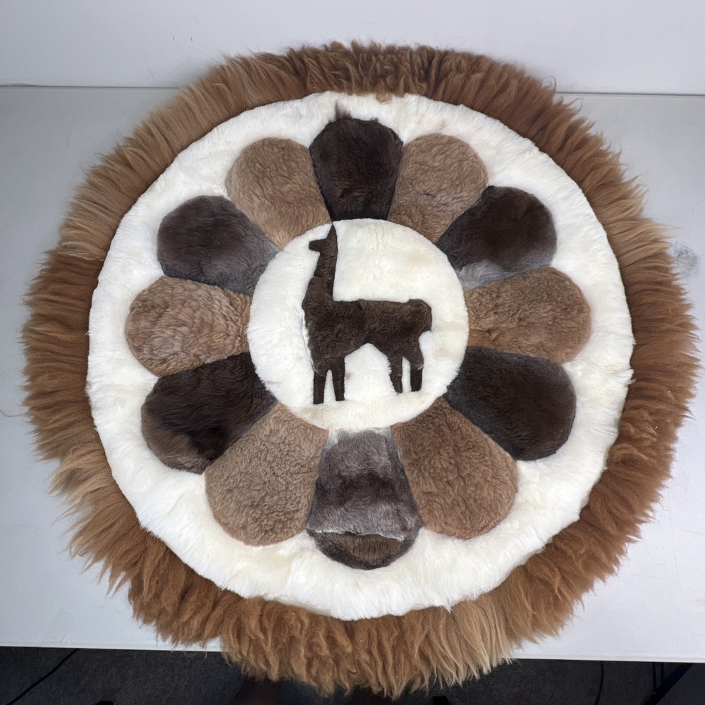 Vintage Alpaca Llama Fur Peruvian Round Handmade Hide Stitched Rug Wall Art  31"